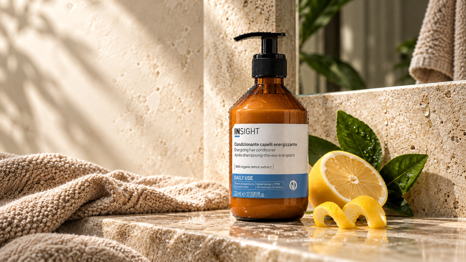 Balsam tonifiant pentru păr Insight Daily Use Energizing cu extract organic de lămâie, ideal pentru hidratarea zilnică, revigorarea firelor și menținerea strălucirii naturale.